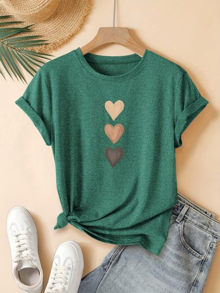 Women'S Retro Heart Print T-Shirt - Casual & Sporty Round Neck Short Sleeve Top, Medium Stretch, Dark Gray with Golden Hearts, Perfect for Spring/Summer/Fall, Casual Summer Top | Retro Heart Design | Medium Stretch Fabric