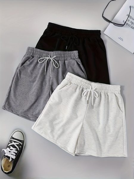 3pcs Women'S Casual Set - High-Waisted Drawstring Shorts with Double Pockets, Solid Color, Lightweight Polyester, Perfect for Spring & Summer, Allseason Shorts | Highwaisted Shorts | Lightweight Shorts