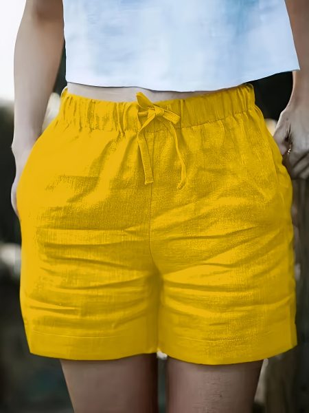 Women's high-waisted casual shorts, linen texture with drawstring waistband, spring/summer shorts