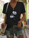 Summer Casual Short Sleeve Floral Print V Neck T-shirt for Women