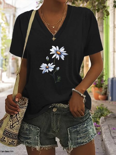 Summer Casual Short Sleeve Floral Print V Neck T-shirt for Women