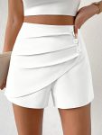 Women's Casual White Shorts with Front Button Closure - Elastic Waistband, Structured Non-Stretch Fabric, All-Season Versatile Wear for Everyday & Formal Outfits