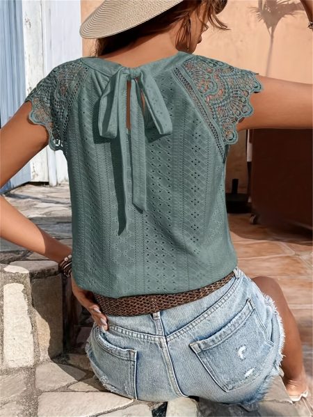 Eyelet Lace Splicing Tie Back T-Shirt, Casual Solid Color T-Shirt For Spring & Summer, Women's Clothing