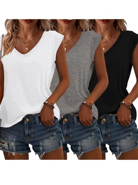 3pcs Women's Casual V-Neck Short Sleeve T-Shirts - Lightweight Summer Tops in Pink, Blue, Grey | Breathable Solid Color Tees for Casual Attire, Relaxed Fit Clothing, Versatile Fashion, Soft Texture, Warm Weather Outfits, Simple Design, Comfortable Materia