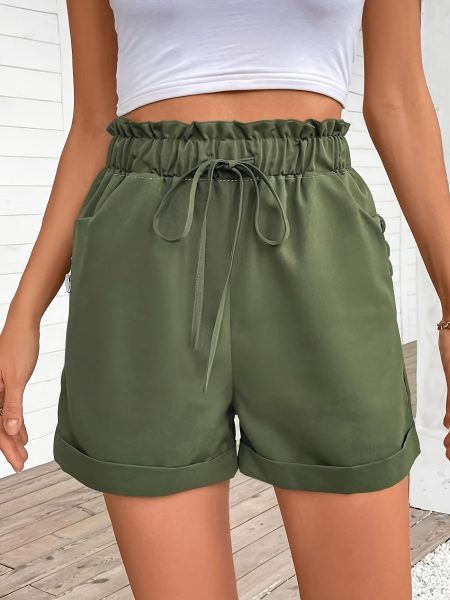 Women's Casual Solid Color Green Shorts with Adjustable Drawstring Waistband & Side Button Detail - Non-Stretch Machine-Washable Fabric, Regular Fit for Spring Summer Fall, Elegance Collection, Cute Shorts, Comfortable Daily Wear, Modern Casualwear, Durab
