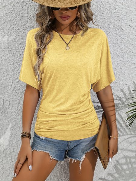 Women'S Stylish Loose-Fitting Ruffle Sleeve T-Shirt - Green, Yellow, Black Options, Round Neck, Short Sleeve, Casual Summer Top with Denim Shorts, Casual Summer Top|Ruffle Detail Top|Comfortable Fit, Ladies T Shirts
