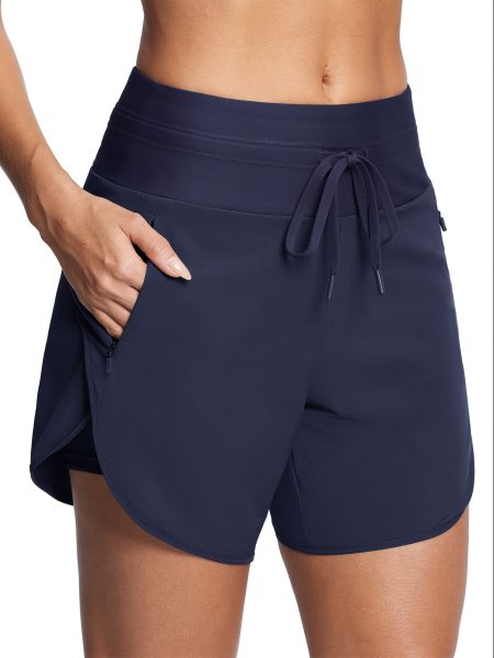 Women's High-Waisted Swim Shorts, 5.5" Quick Dry UPF 50+ Beach Board Shorts with Pockets, Solid Color Polyester Spandex Blend, Summer Swimwear