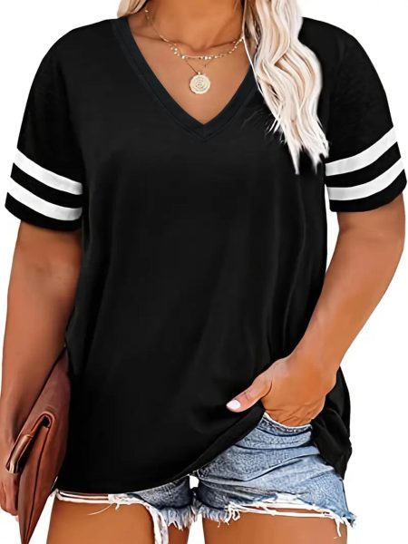 [Plus Size] Plus Size Colorblock V Neck T-shirt | Women's | Short Sleeve | Casual | Slight Stretch