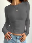 Women'S Sexy Solid Color Tight-Fit Long Sleeve Crop Top T-Shirt - Chic Crew Neck, Slim Fit for Spring/Fall, Olive Green, Casual Yet Stylish, Everyday Fashion | Ribbed Texture, Slim Fit Top | Crew Neck Shirt | Ribbed Texture Shirt, Ladies T Shirts