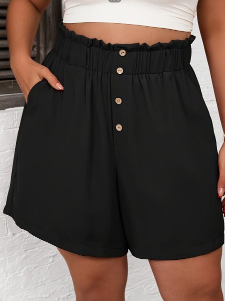 Plus Size Button Front Wide Leg Shorts, Casual Slant Pocket Elastic Waist Shorts, Women's Plus Size Clothing